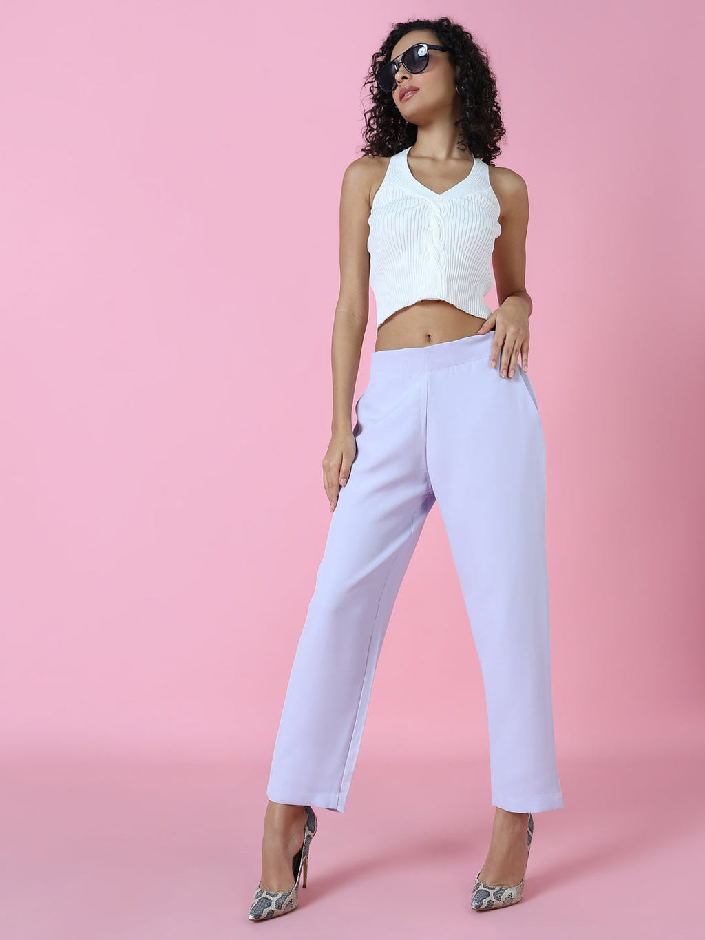 Women's Lavender Regular Fit Cotton Comfort Formal Trousers