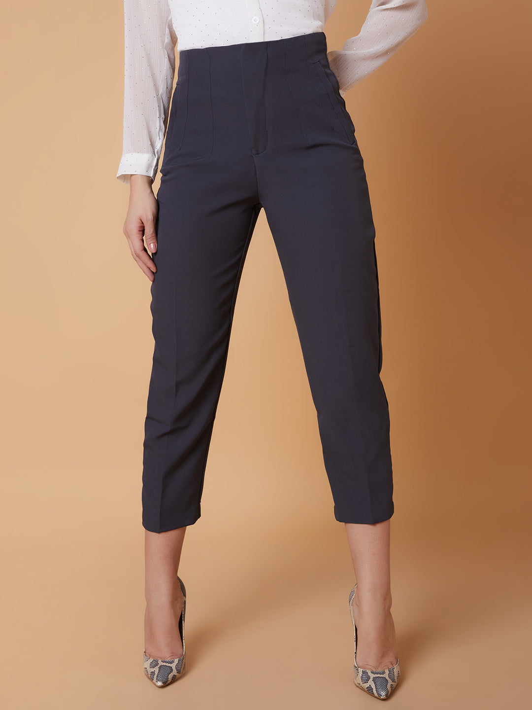 Women's Charcoal Solid Comfort Slim Fit Formal Trousers