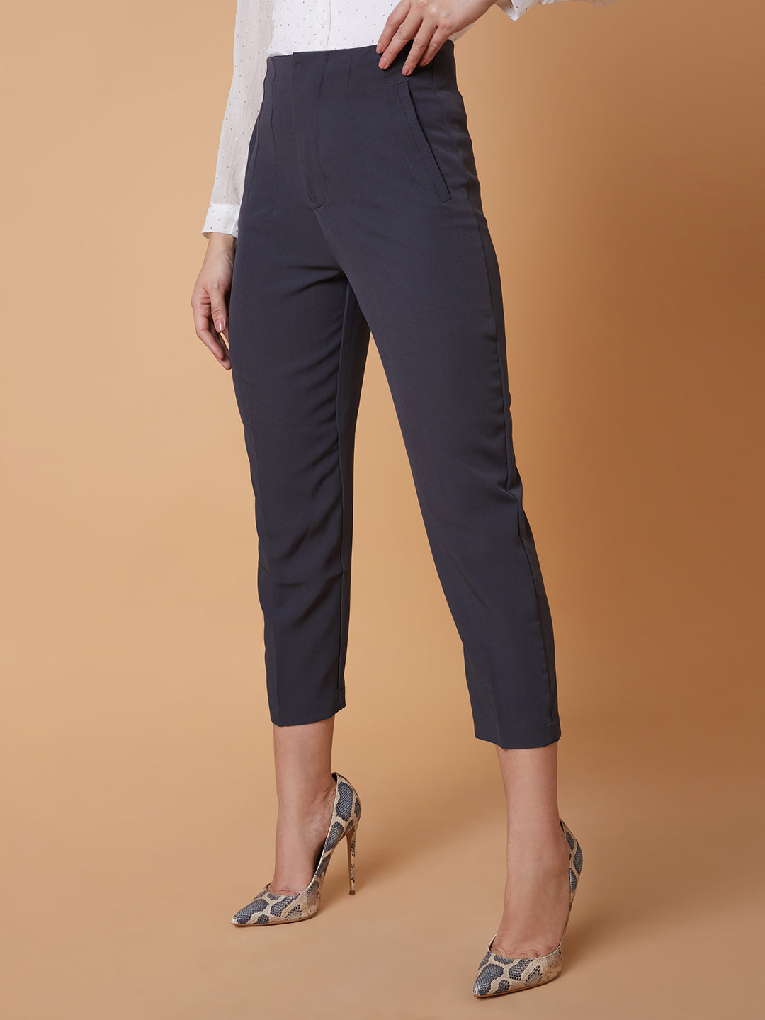 Women's Charcoal Solid Comfort Slim Fit Formal Trousers
