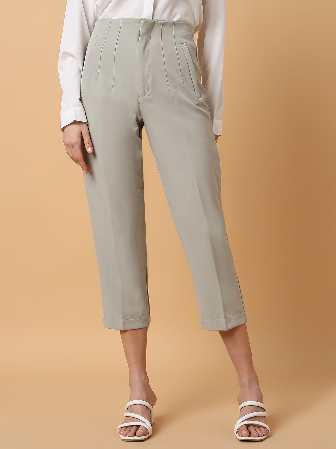 Women's Grey Comfort Slim Fit Pleated Trousers
