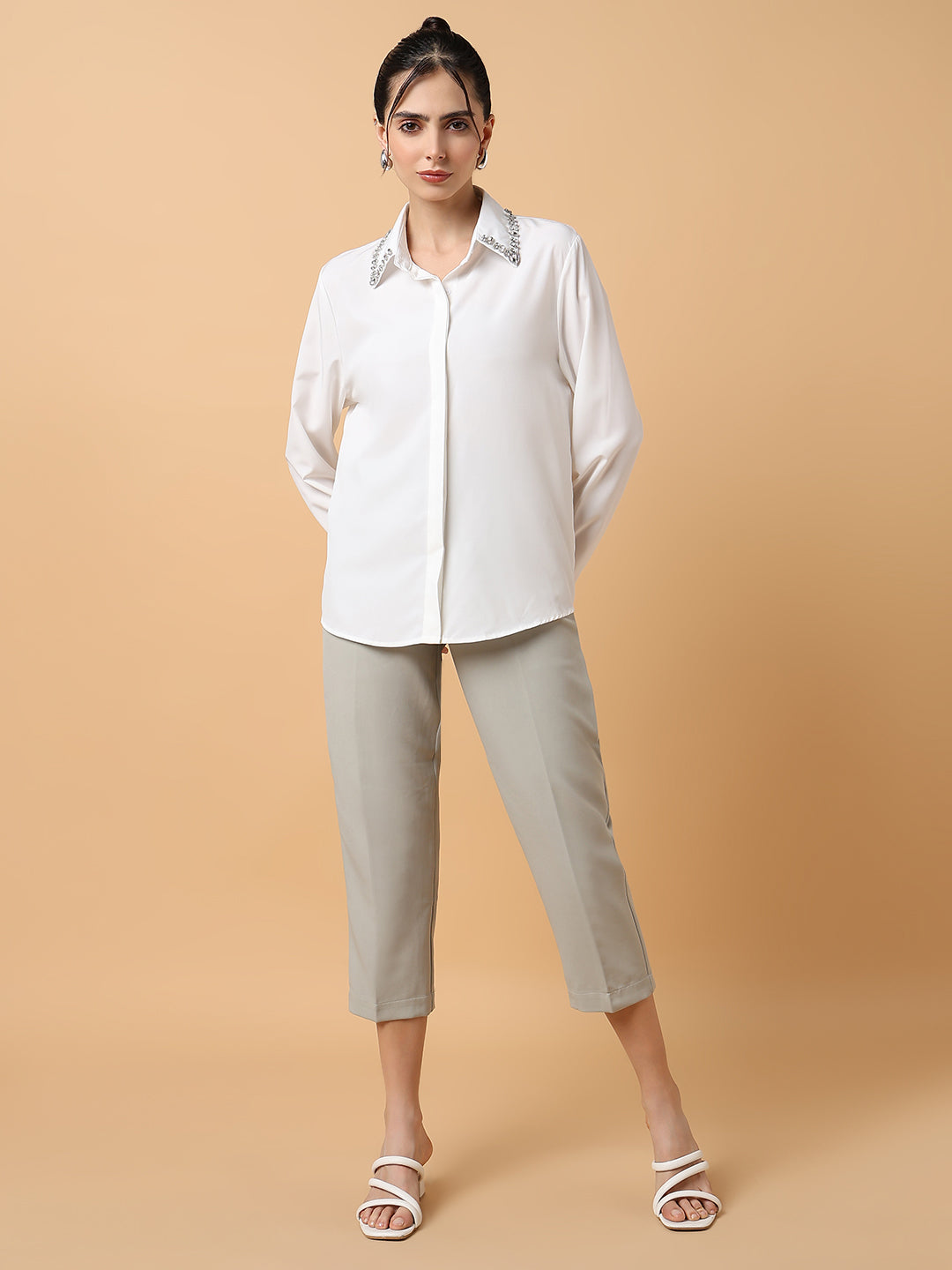 Women's Grey Comfort Slim Fit Pleated Trousers