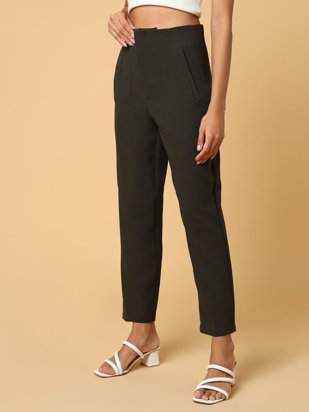 Women's Olive Comfort Slim Fit Pleated Trousers