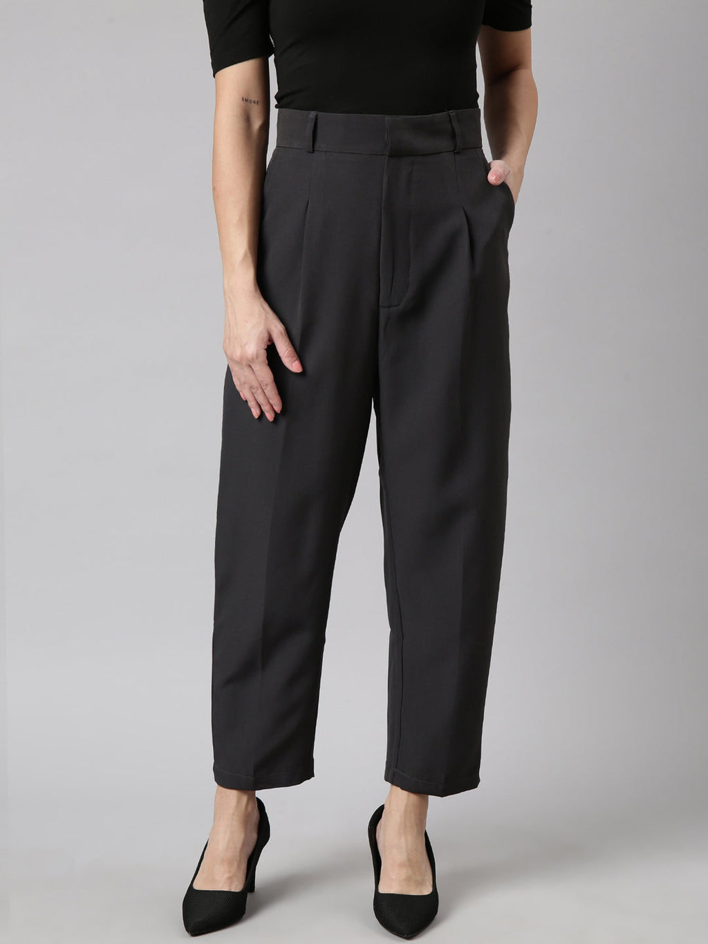 Women's Charcoal Comfort Regular Fit Cotton Formal Trouser