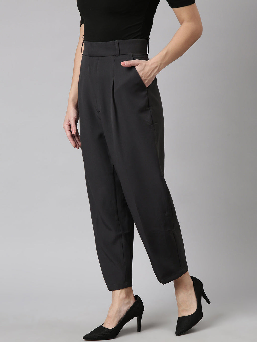 Women's Charcoal Comfort Regular Fit Cotton Formal Trouser