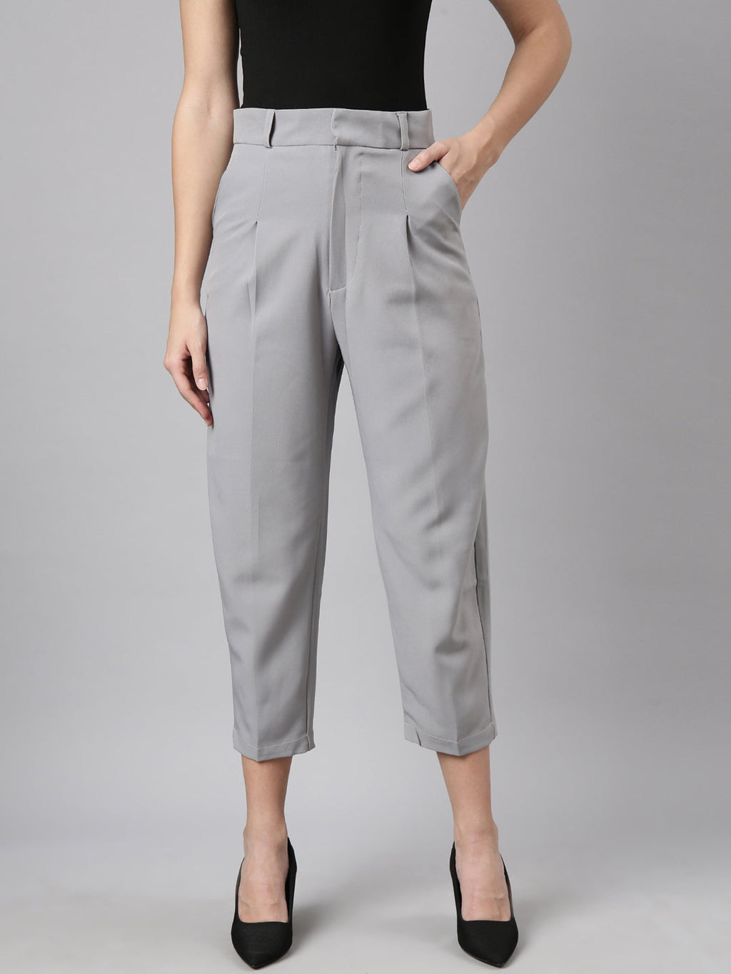 Women's Grey Comfort Regular Fit Cotton Formal Trouser