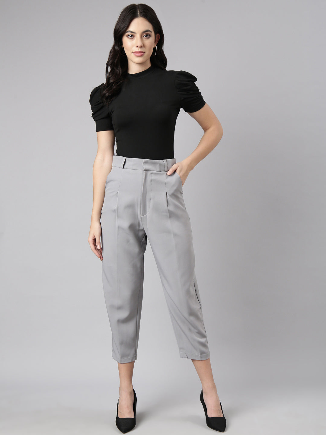 Women's Grey Comfort Regular Fit Cotton Formal Trouser
