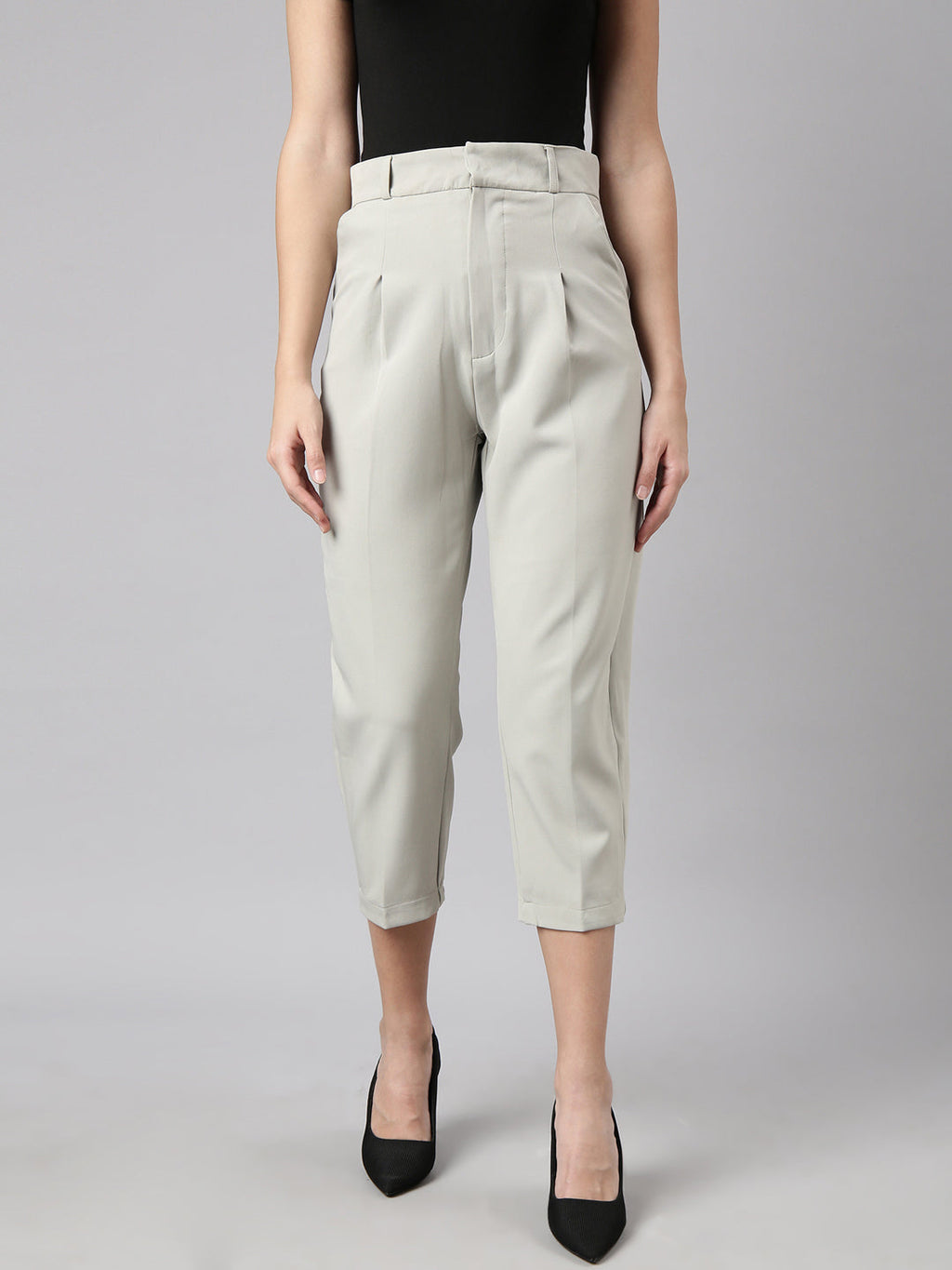 Women's Sea Green Comfort Tapered Fit Pleated Cotton Trousers
