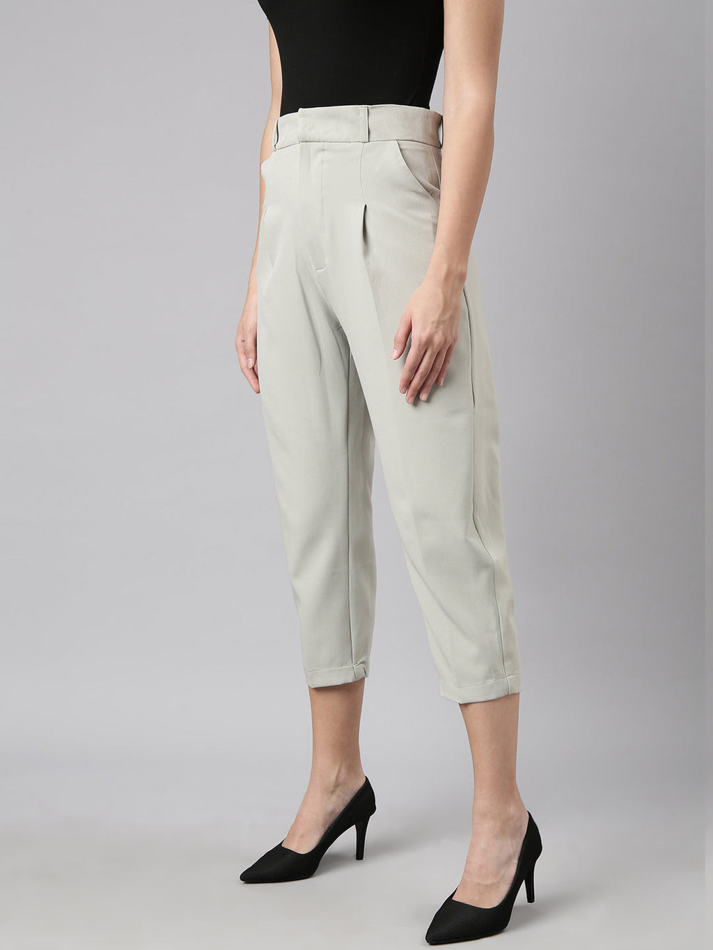 Women's Sea Green Comfort Tapered Fit Pleated Cotton Trousers