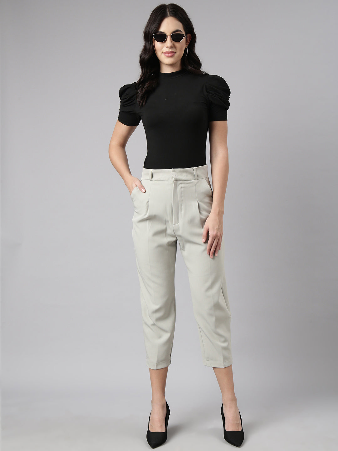 Women's Sea Green Comfort Tapered Fit Pleated Cotton Trousers