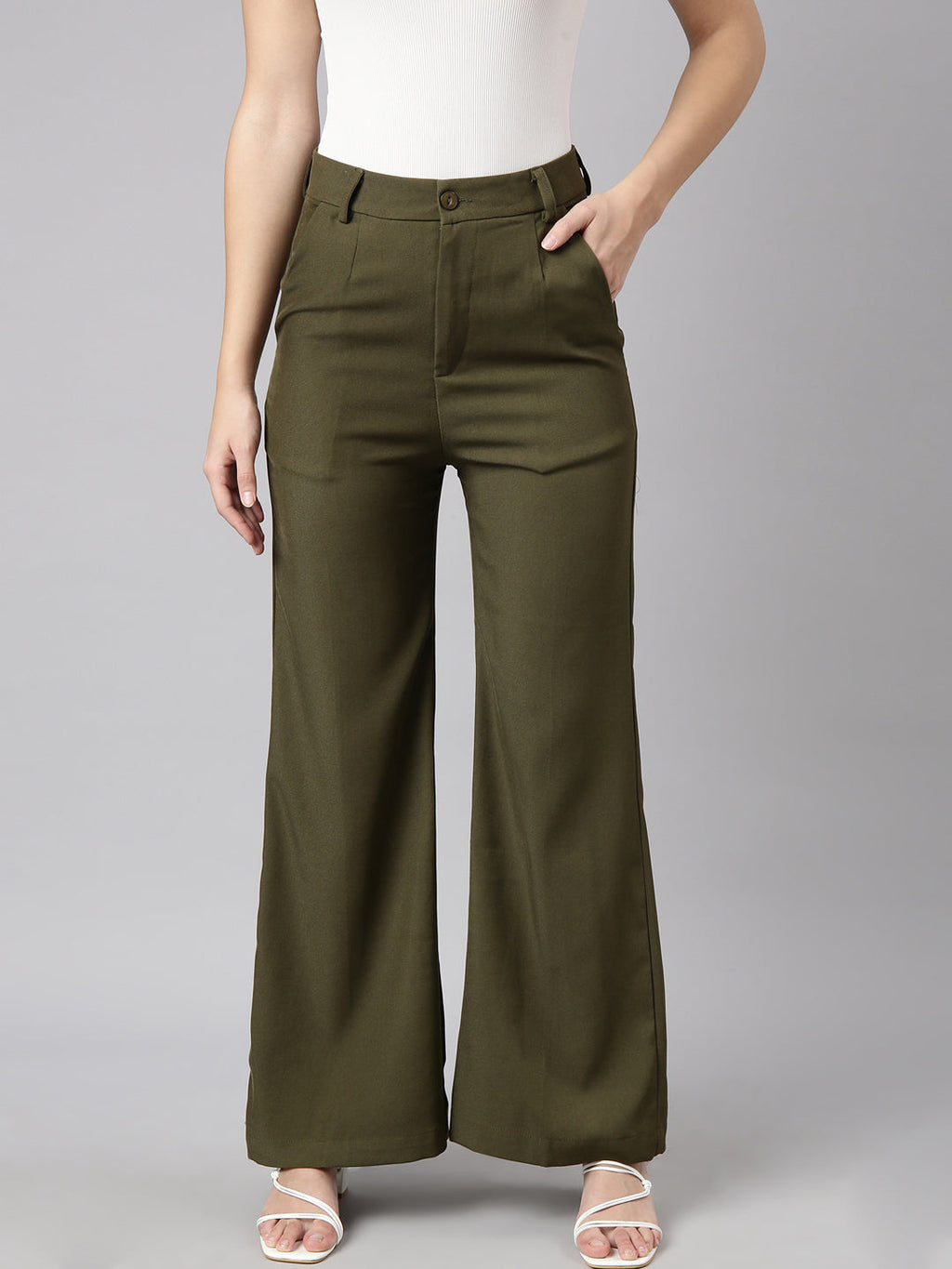 Women's Olive Comfort Fit Mid Rise Cotton Parallel Trouser