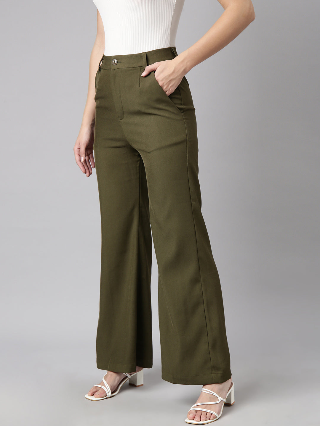 Women's Olive Comfort Fit Mid Rise Cotton Parallel Trouser