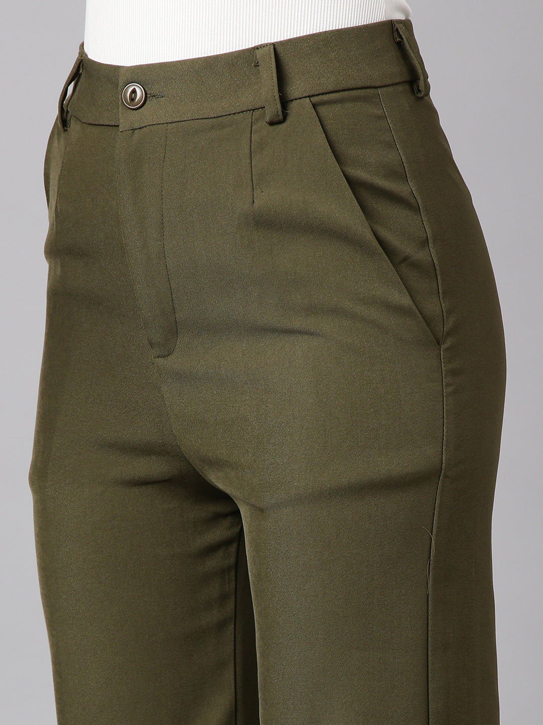 Women's Olive Comfort Fit Mid Rise Cotton Parallel Trouser