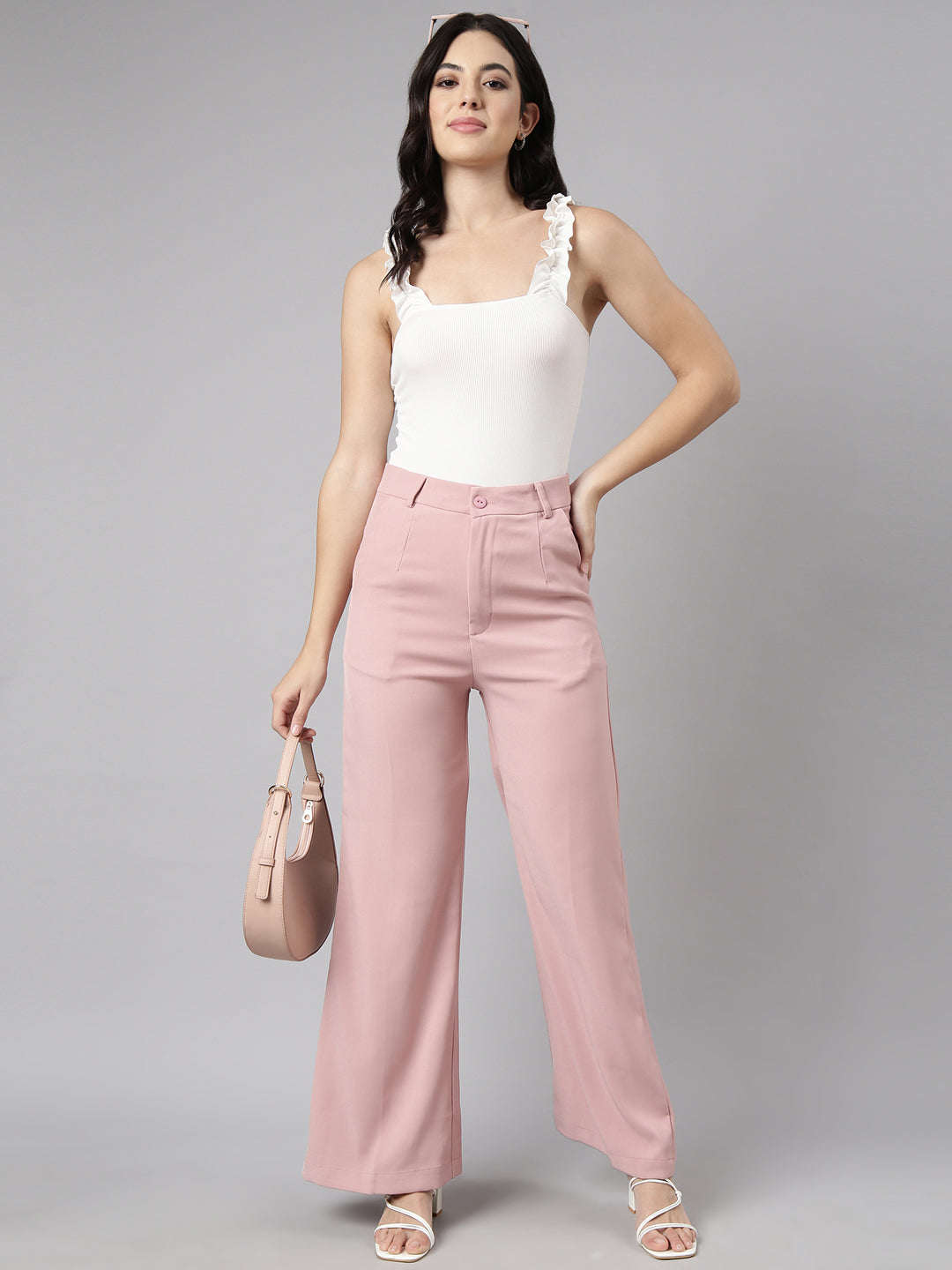 Women's Peach Comfort Cotton Regular Fit Parallel Trousers