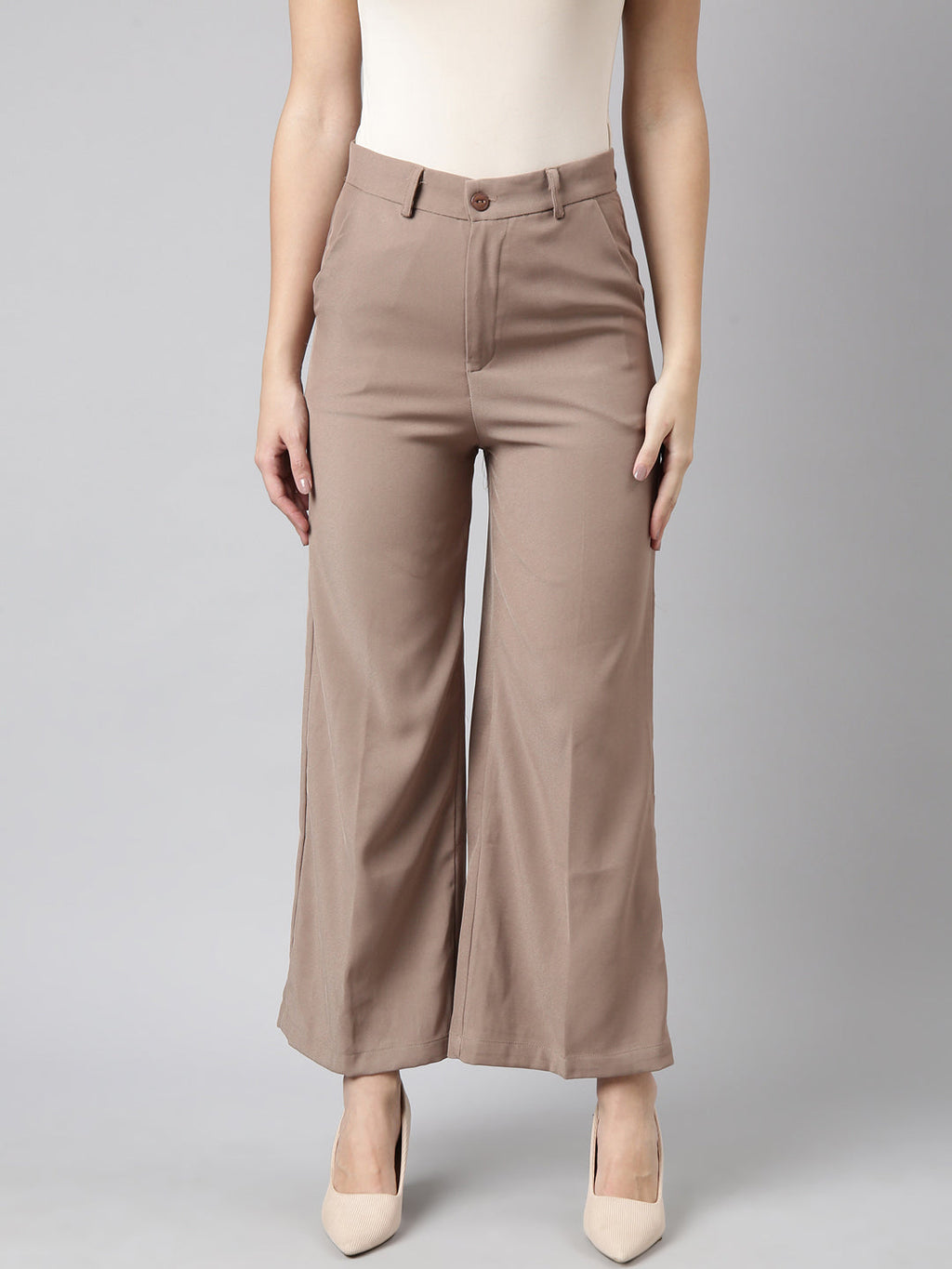 Women's Beige Regular Fit Cotton Comfort Parallel Trousers