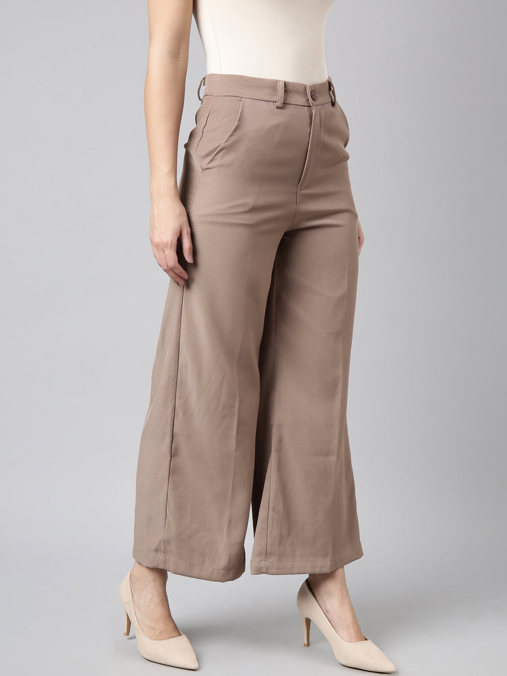 Women's Beige Regular Fit Cotton Comfort Parallel Trousers
