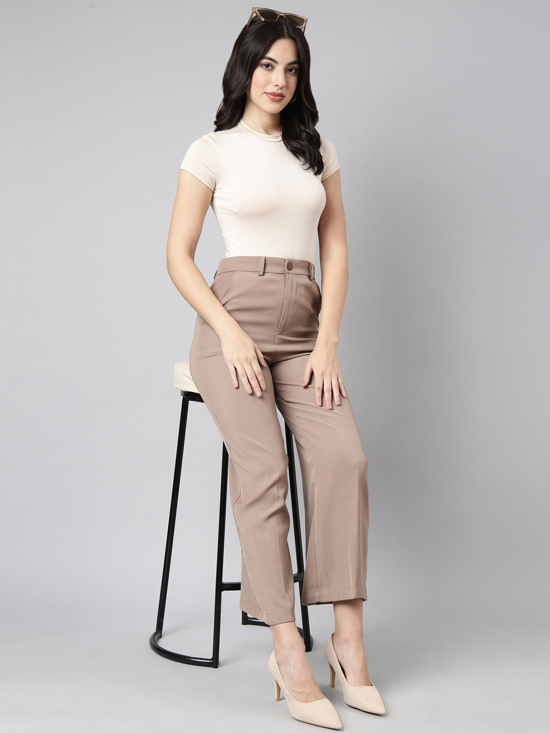 Women's Beige Regular Fit Cotton Comfort Parallel Trousers