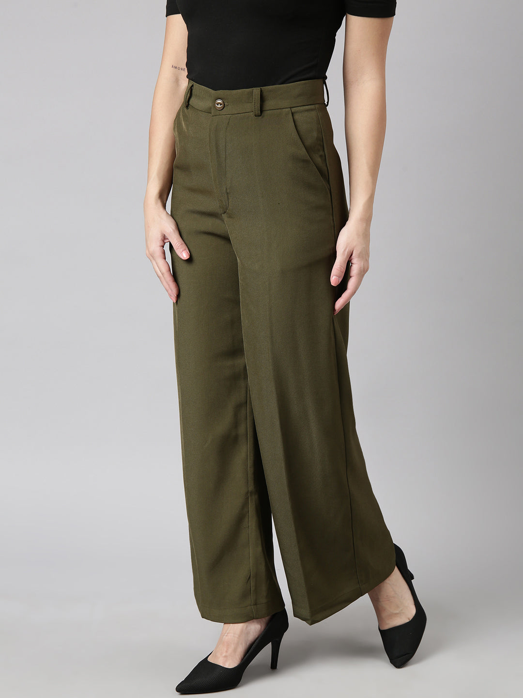 Women's Olive Regular Fit Cotton Comfort Parallel Trousers