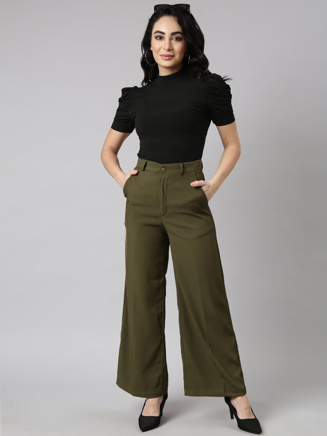 Women's Olive Regular Fit Cotton Comfort Parallel Trousers