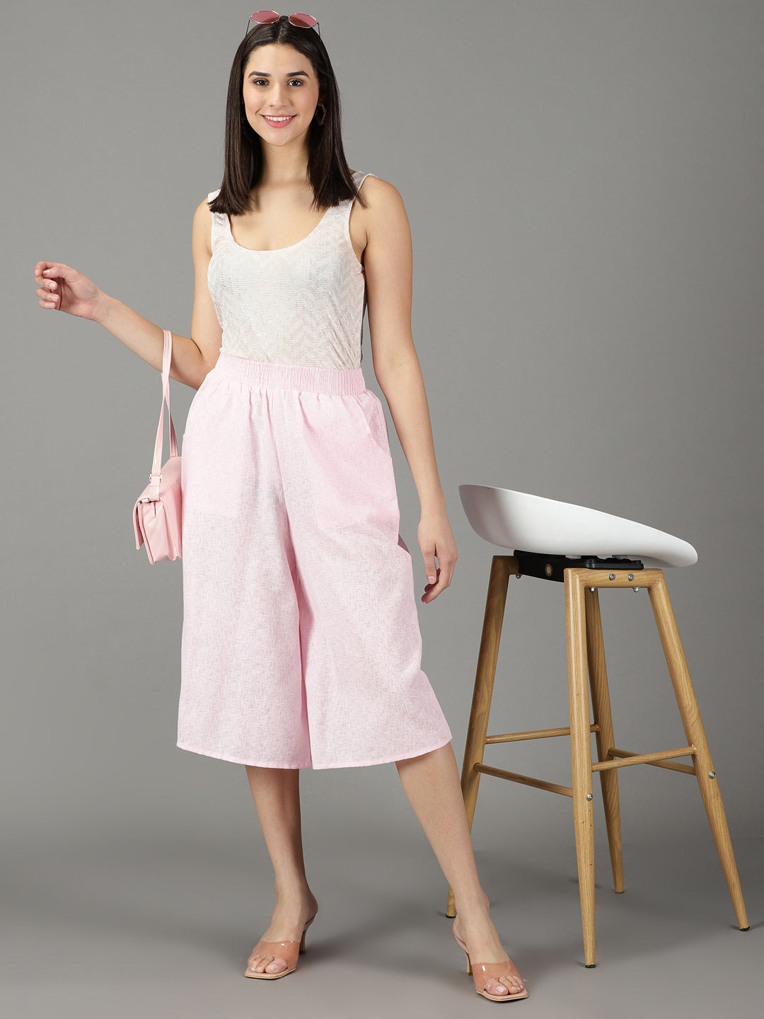 Women's Pink Relaxed Straight Fit High-Rise Linen Culottes