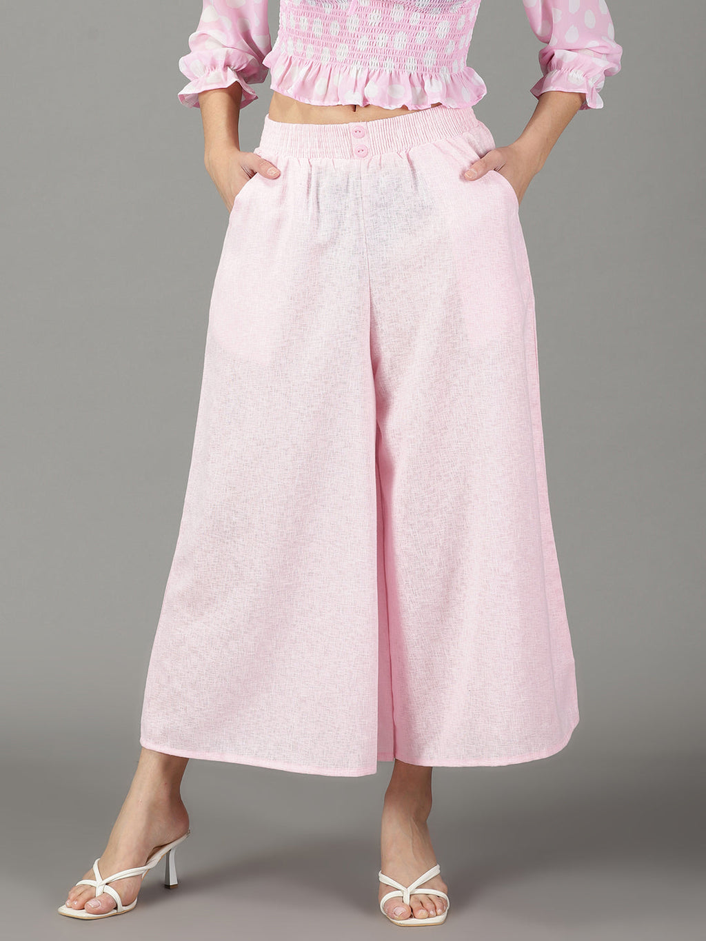 Women's Pink Flared High-Rise Linen Culottes Trouser