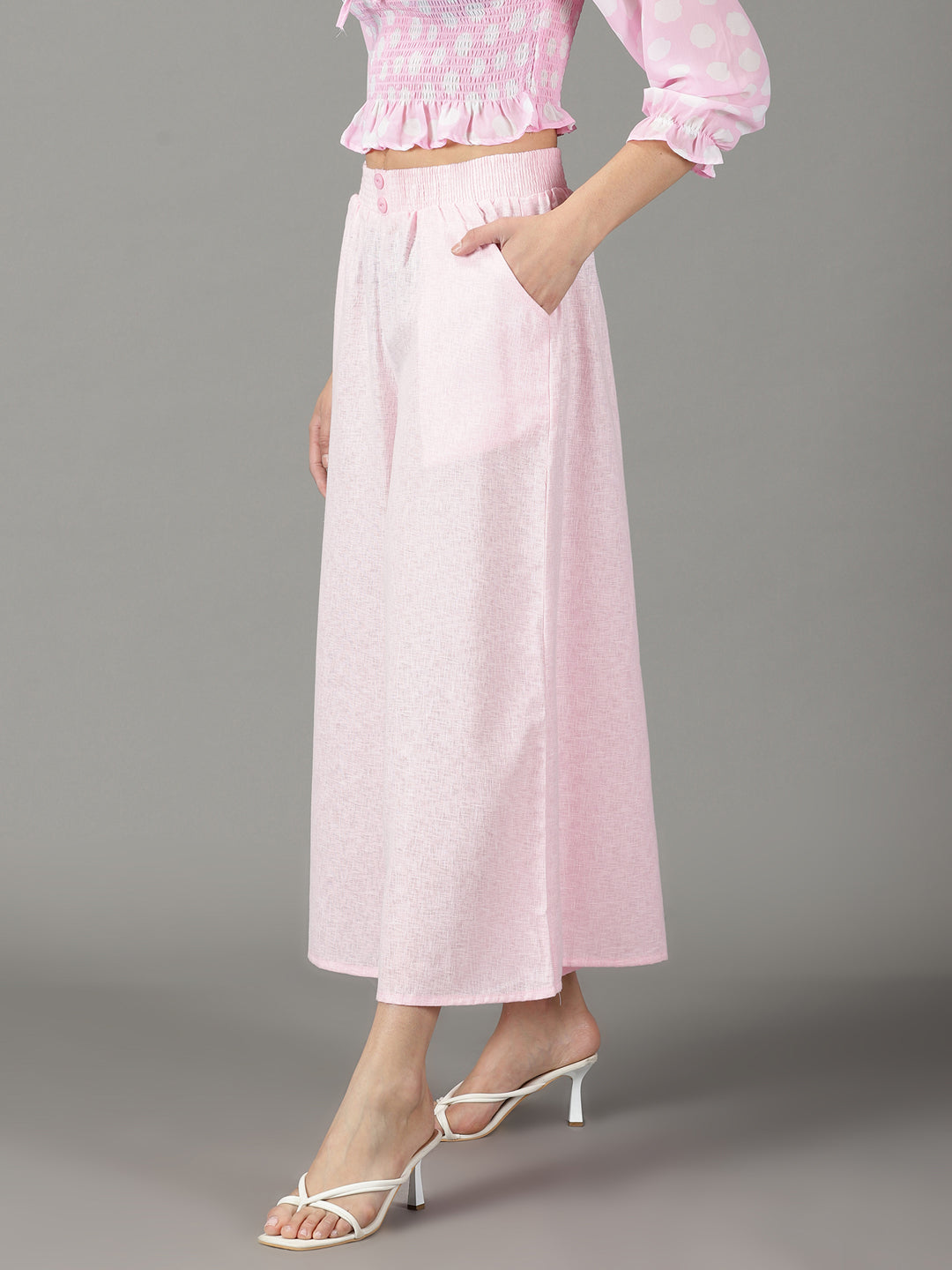 Women's Pink Flared High-Rise Linen Culottes Trouser