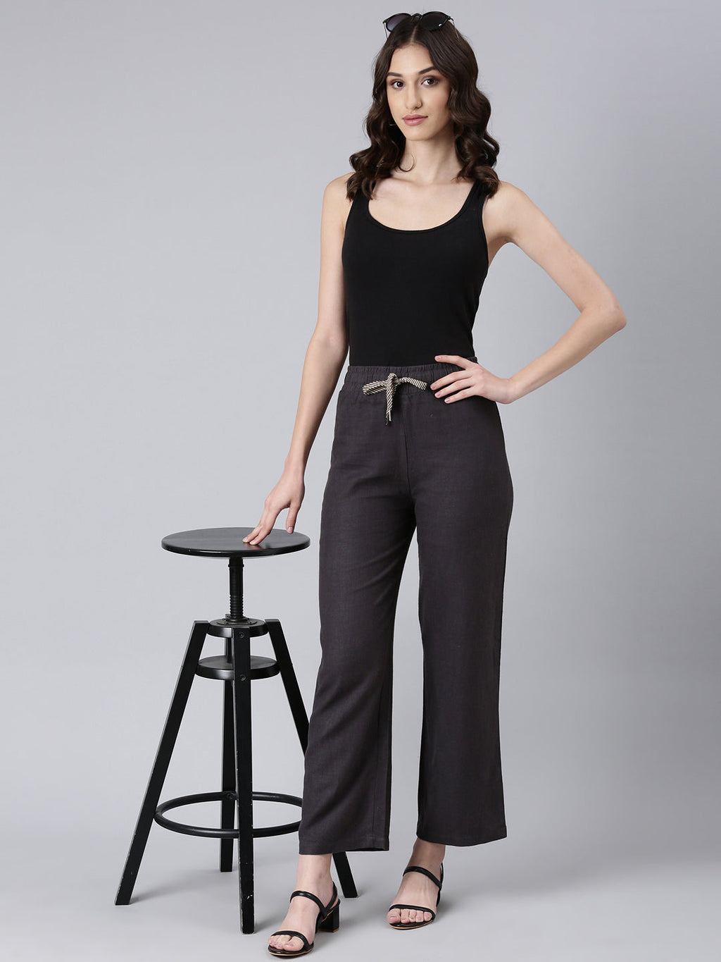 Women's Black Straight Fit Cotton Parallel Trousers