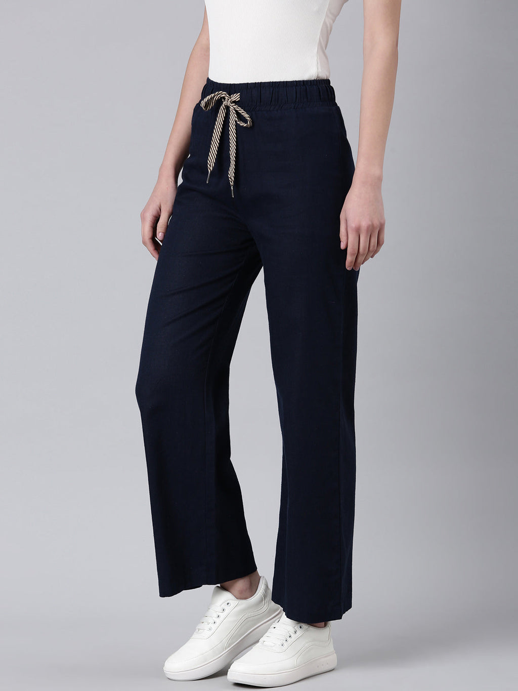 Women's Navy Blue Straight Fit Cotton Parallel Trousers
