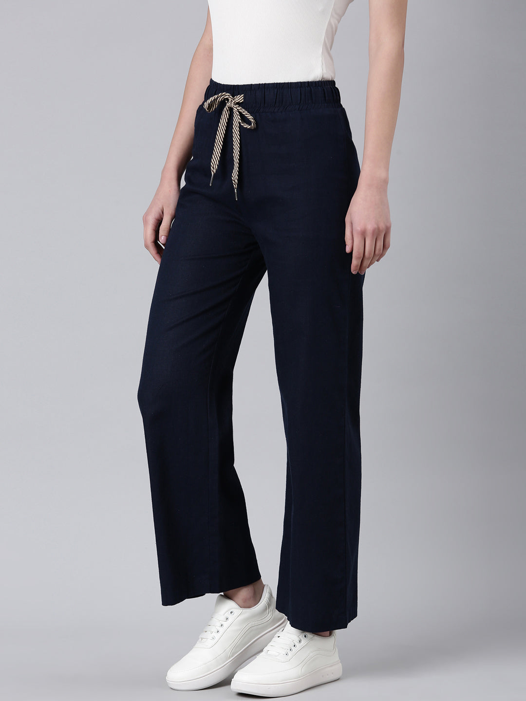 Women's Navy Blue Straight Fit Cotton Parallel Trousers