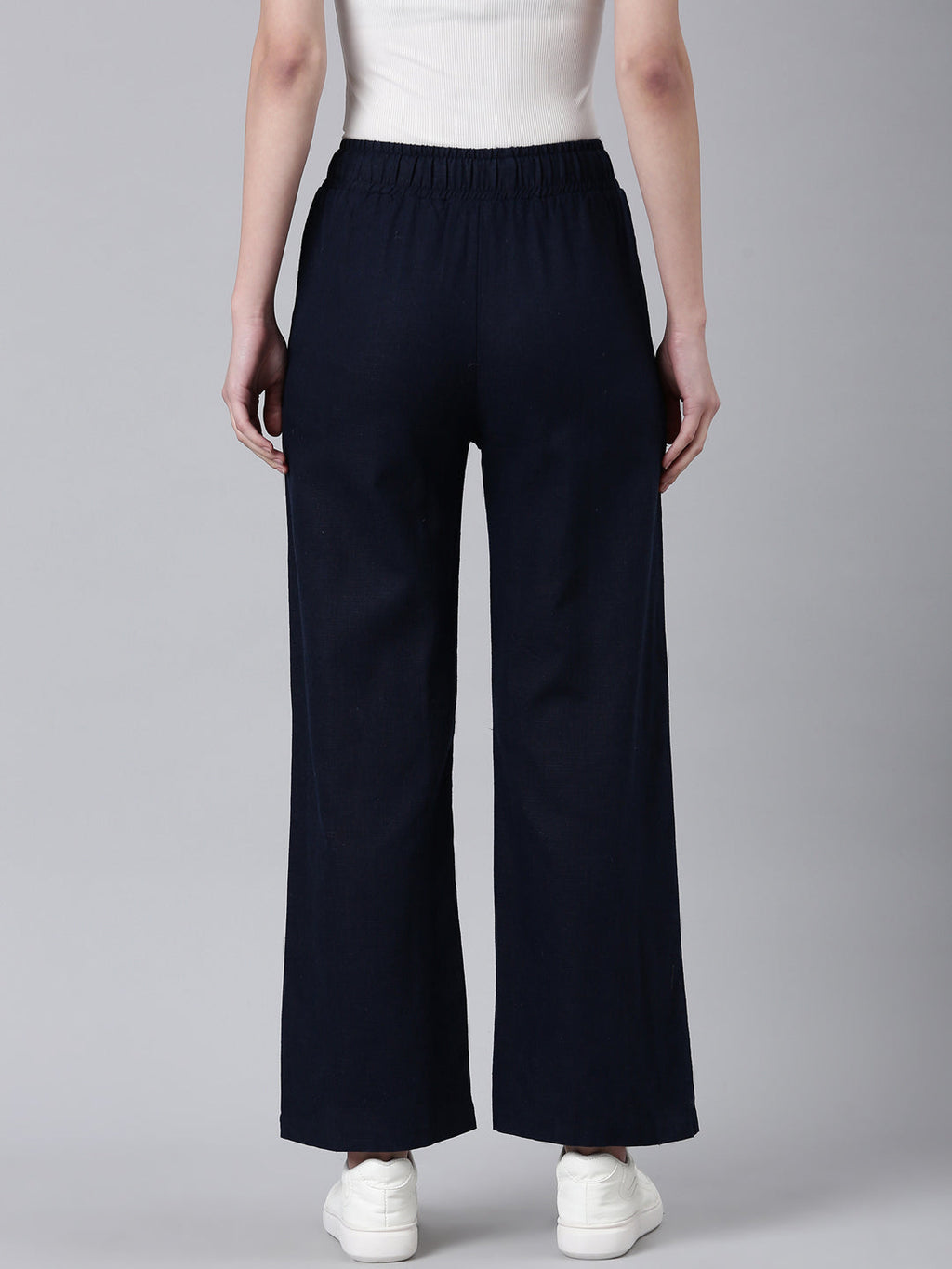 Women's Navy Blue Straight Fit Cotton Parallel Trousers