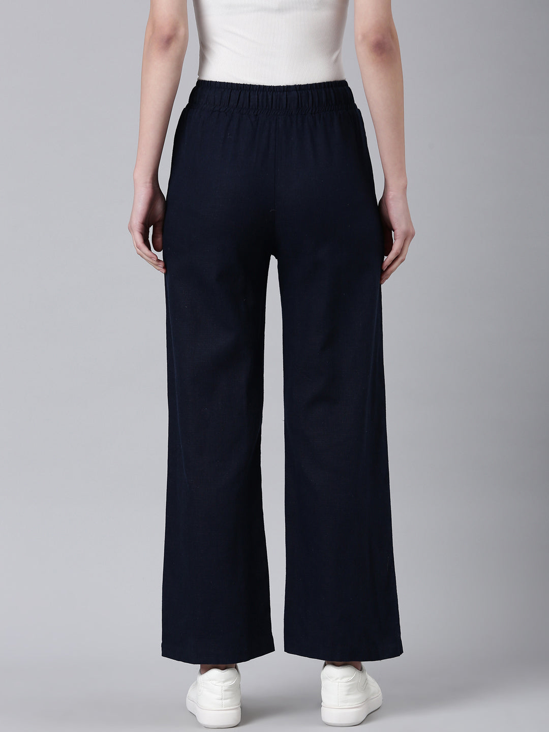 Women's Navy Blue Straight Fit Cotton Parallel Trousers