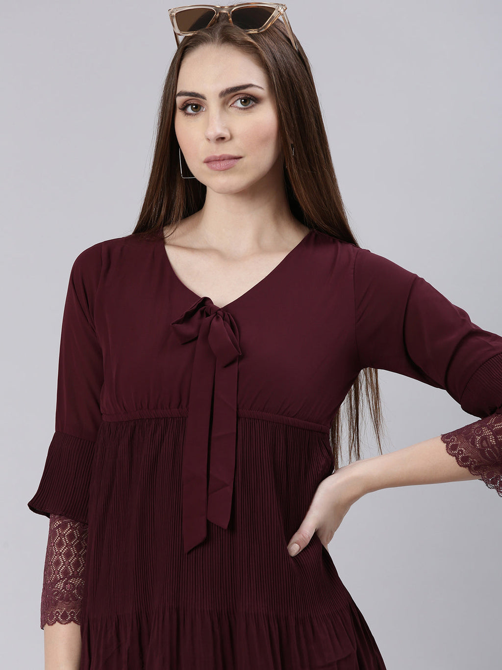 Women's Maroon Tie-Up Neck Bell Sleeves Pleated Georgette Empire Dress
