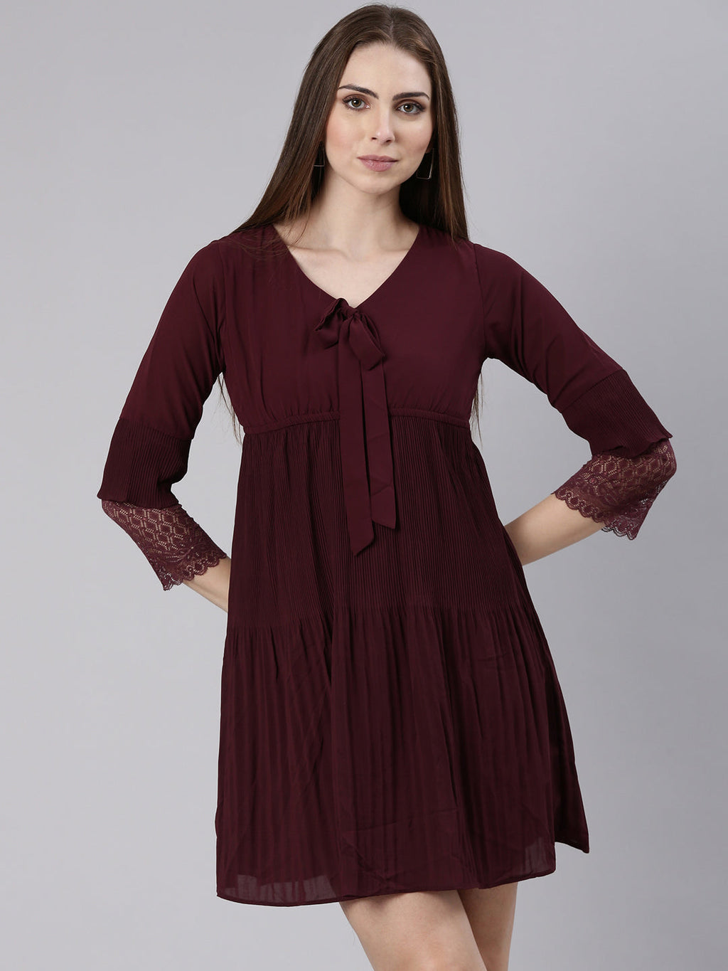 Women's Maroon Tie-Up Neck Bell Sleeves Pleated Georgette Empire Dress