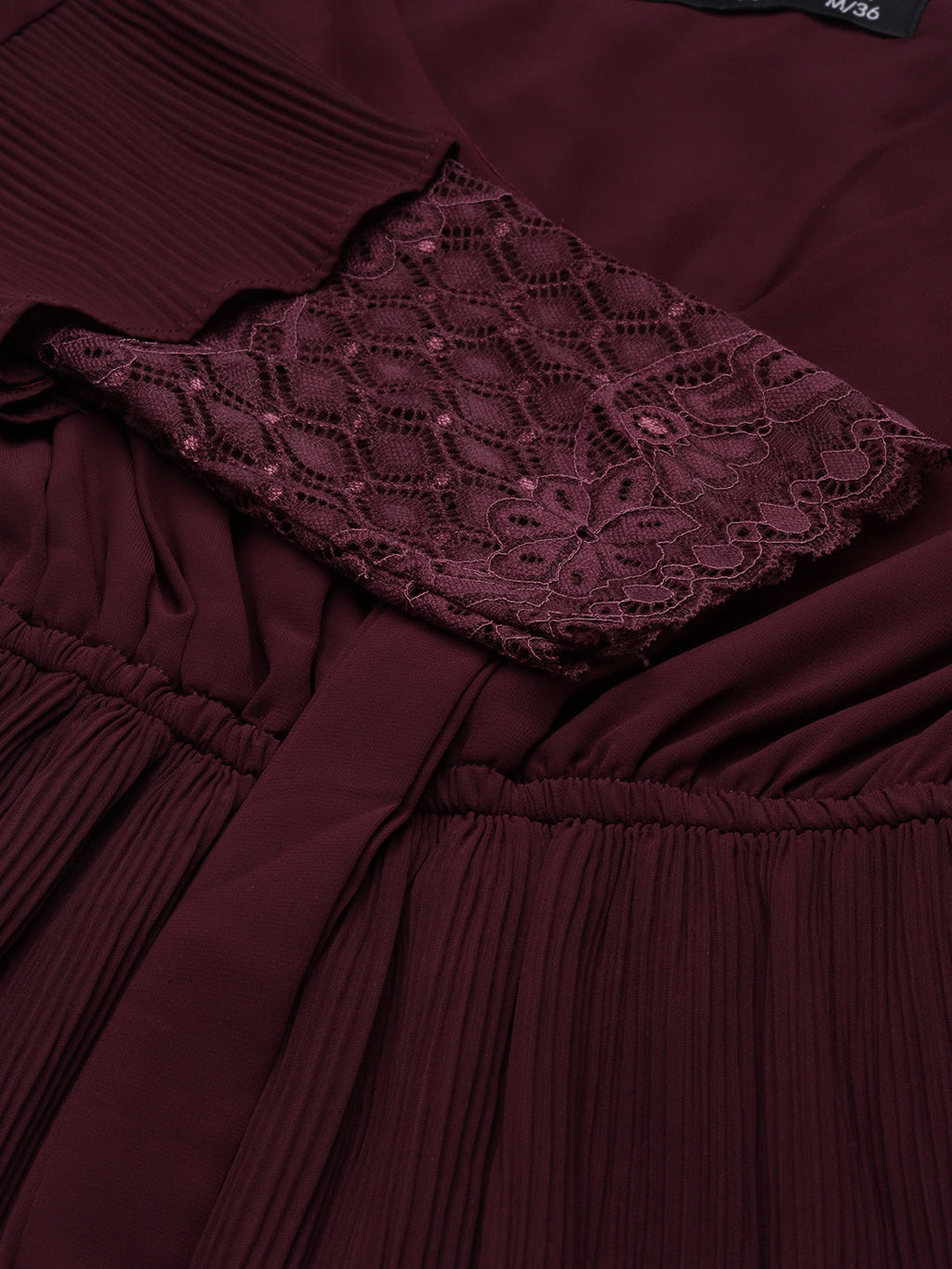 Women's Maroon Tie-Up Neck Bell Sleeves Pleated Georgette Empire Dress