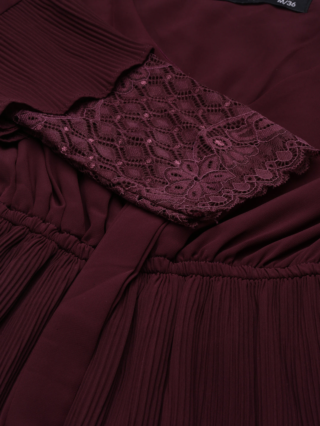 Women's Maroon Tie-Up Neck Bell Sleeves Pleated Georgette Empire Dress