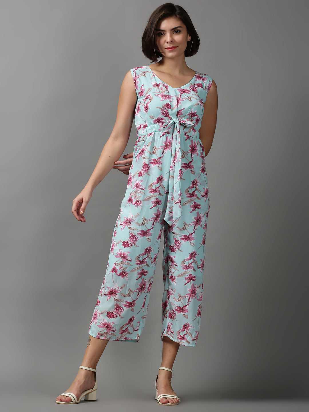 Women's Sea Green V-Neck Printed Basic Jumpsuit