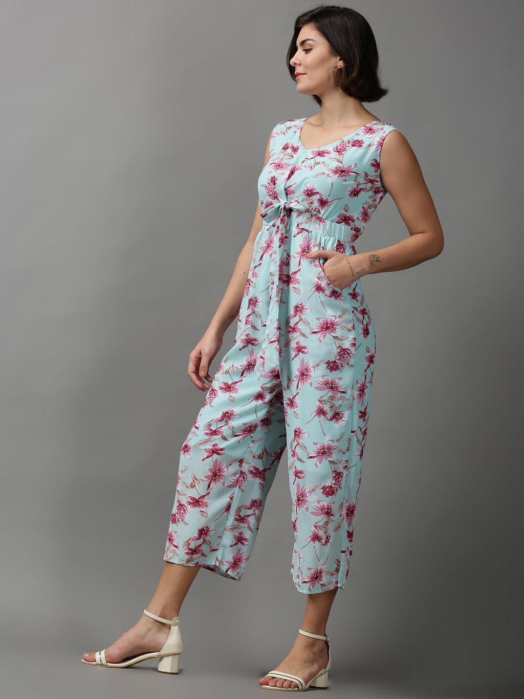 Women's Sea Green V-Neck Printed Basic Jumpsuit