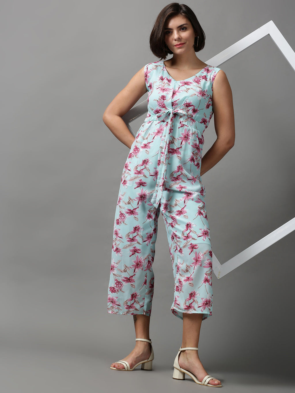 Women's Sea Green V-Neck Printed Basic Jumpsuit