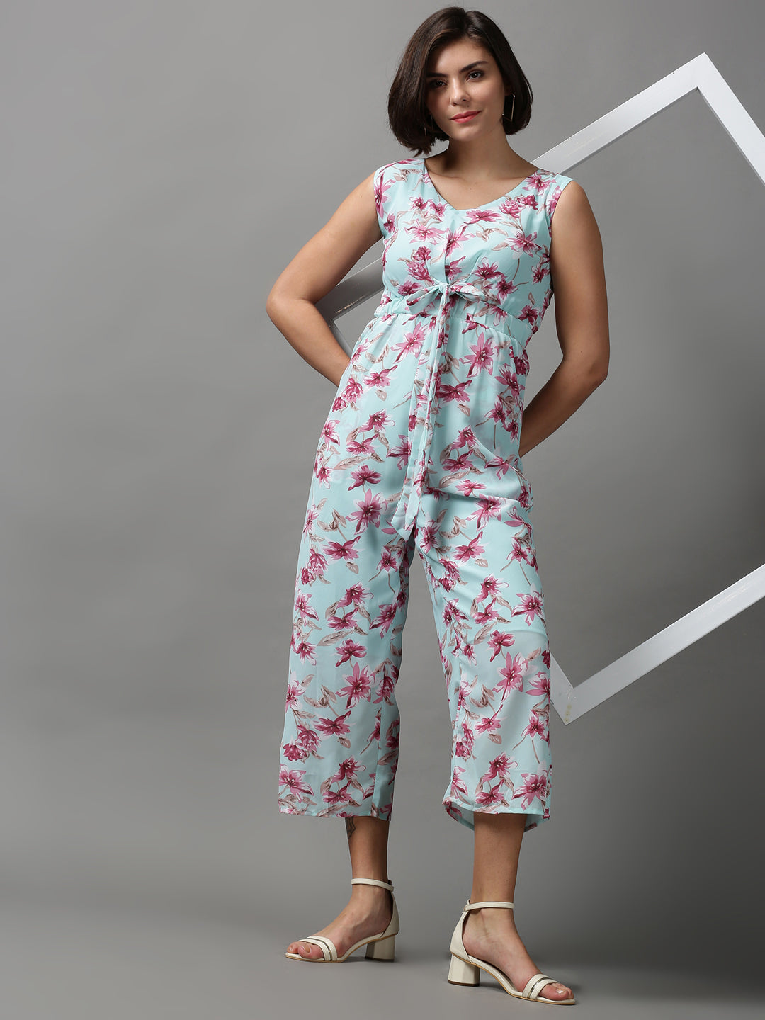 Women's Sea Green V-Neck Printed Basic Jumpsuit