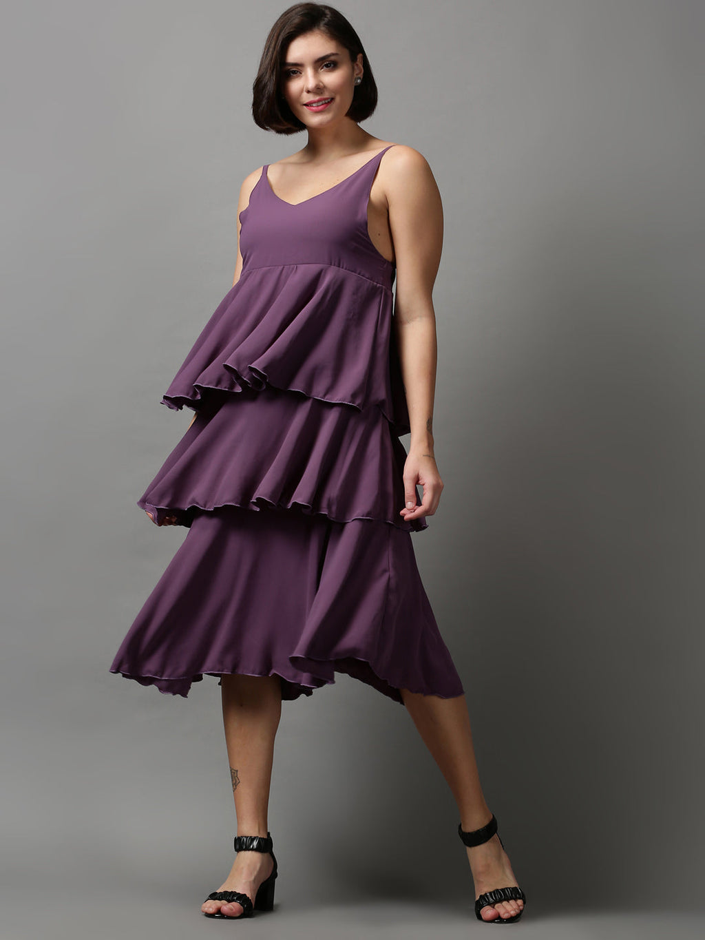 Women's Violet Solid Layered Crepe Empire Midi Dress