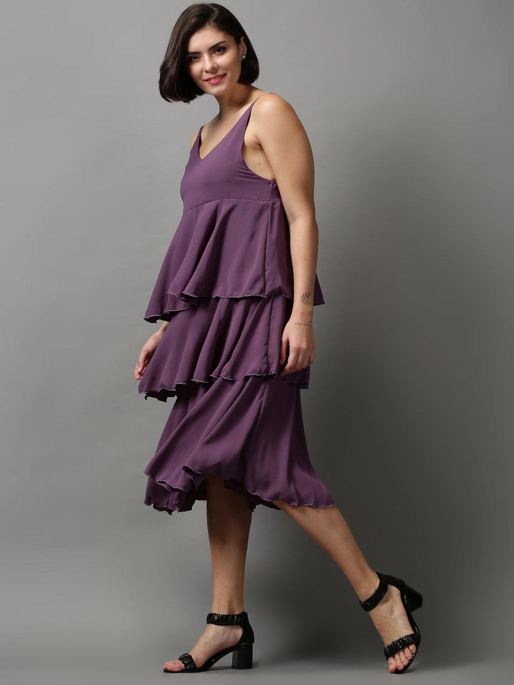 Women's Violet Solid Layered Crepe Empire Midi Dress