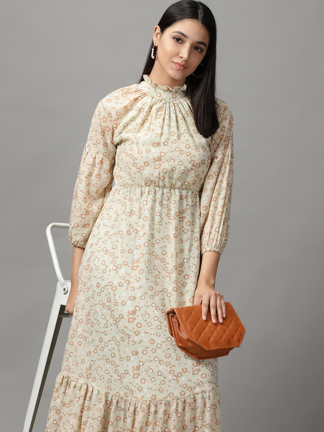 Women's Green Floral Chiffon Fit & Flare Dress