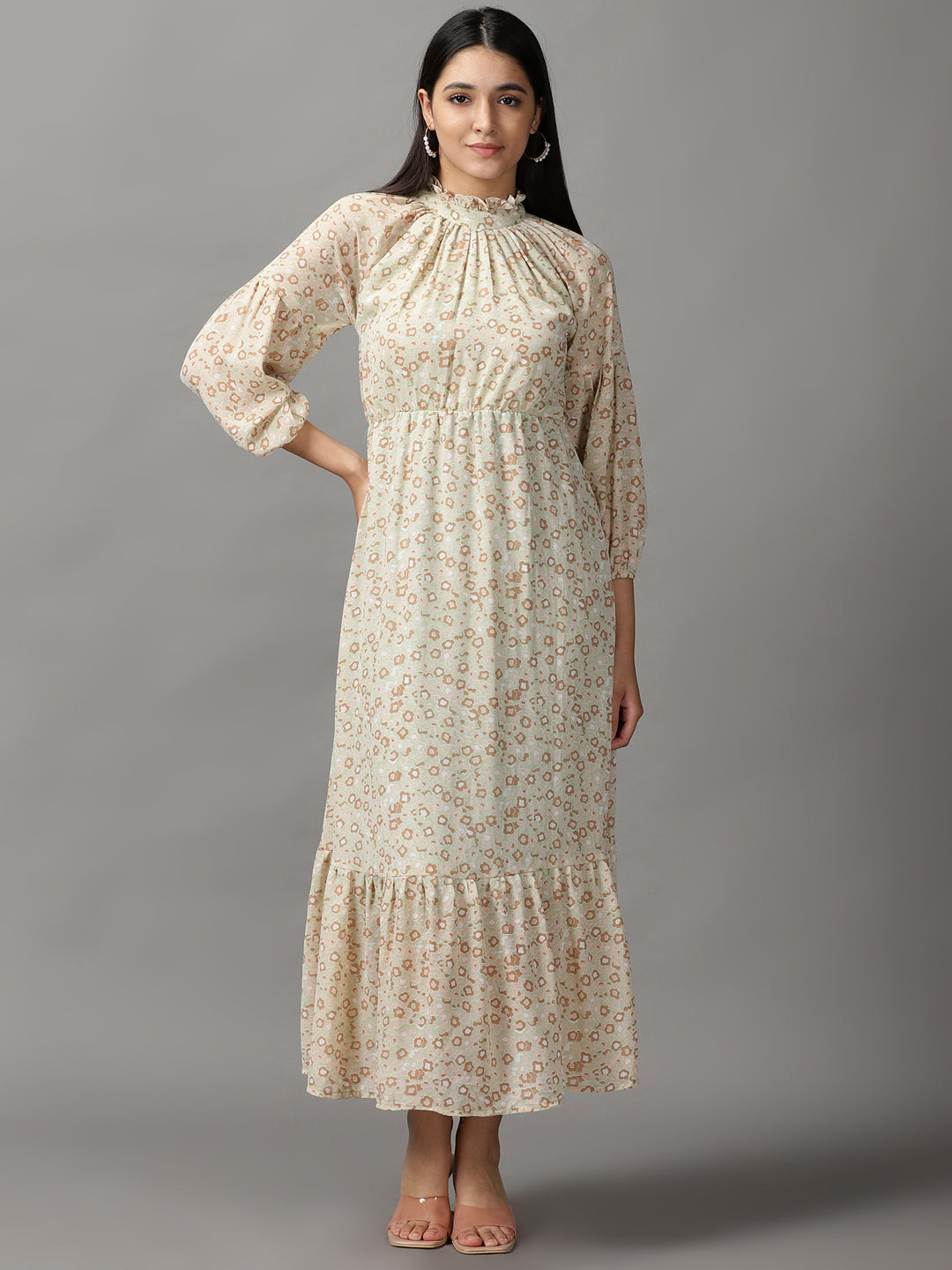 Women's Green Floral Chiffon Fit & Flare Dress