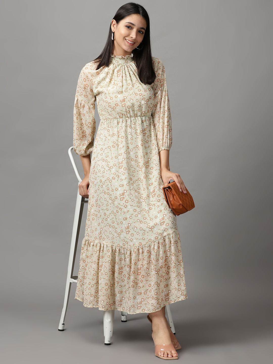 Women's Green Floral Chiffon Fit & Flare Dress