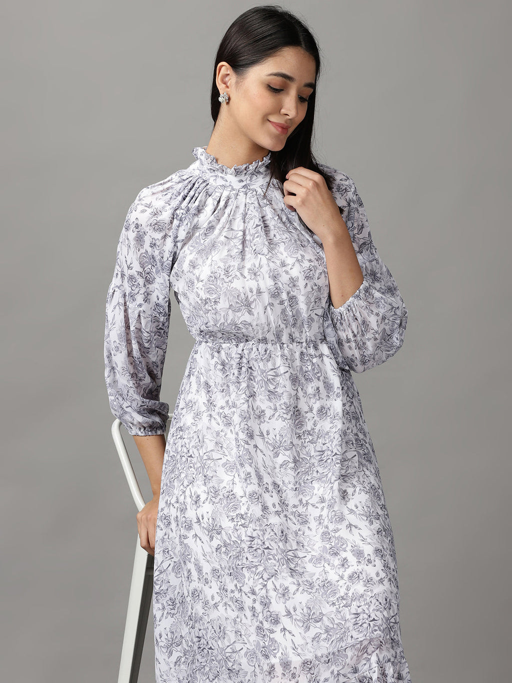 Women's White Floral Printed Fit and Flare Dress