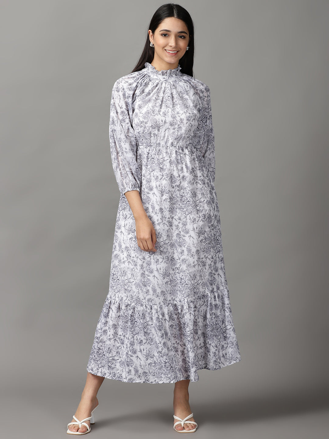 Women's White Floral Printed Fit and Flare Dress