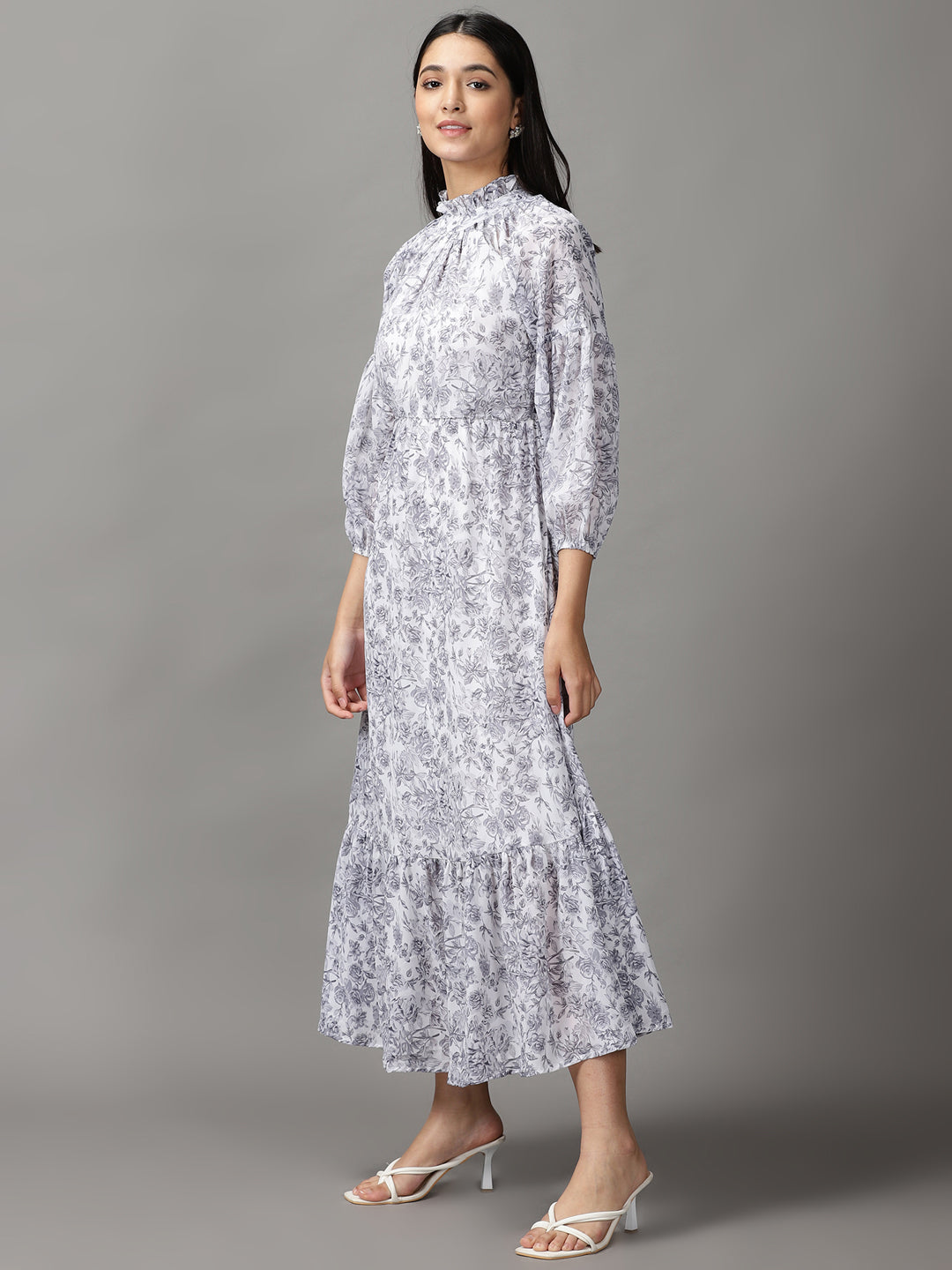 Women's White Floral Printed Fit and Flare Dress