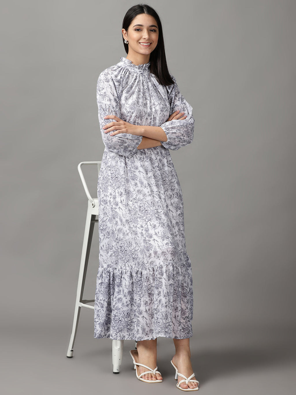 Women's White Floral Printed Fit and Flare Dress