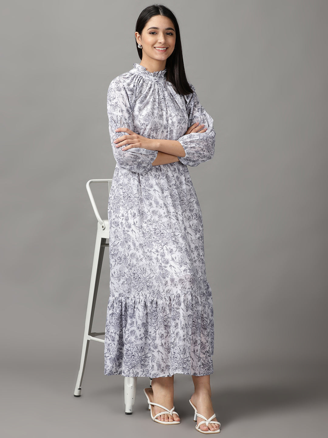 Women's White Floral Printed Fit and Flare Dress