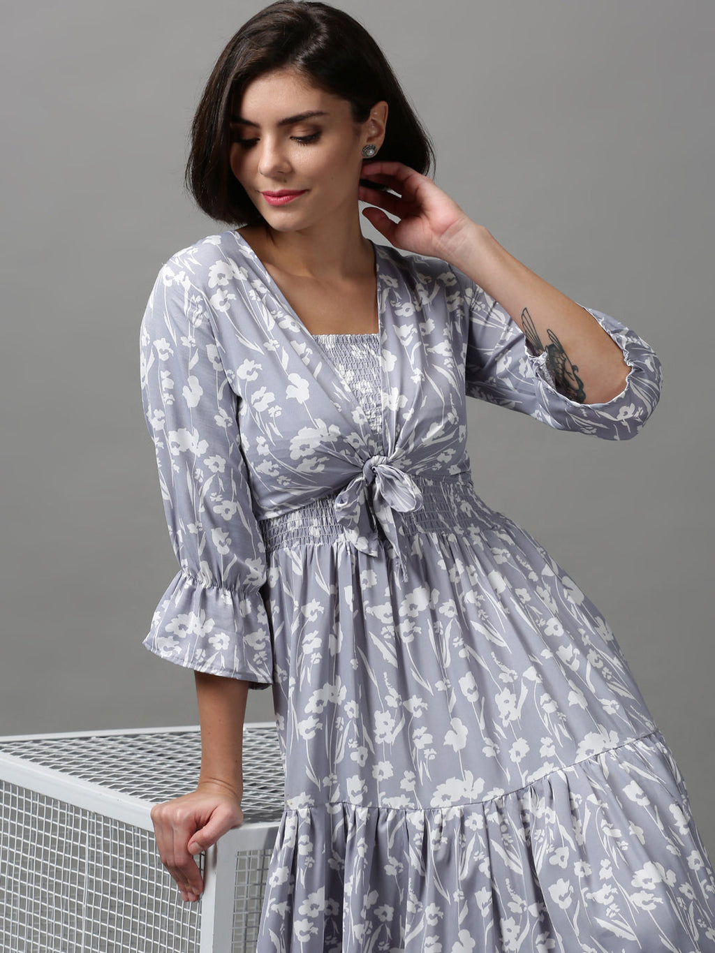 Women's Grey Floral Midi Dress