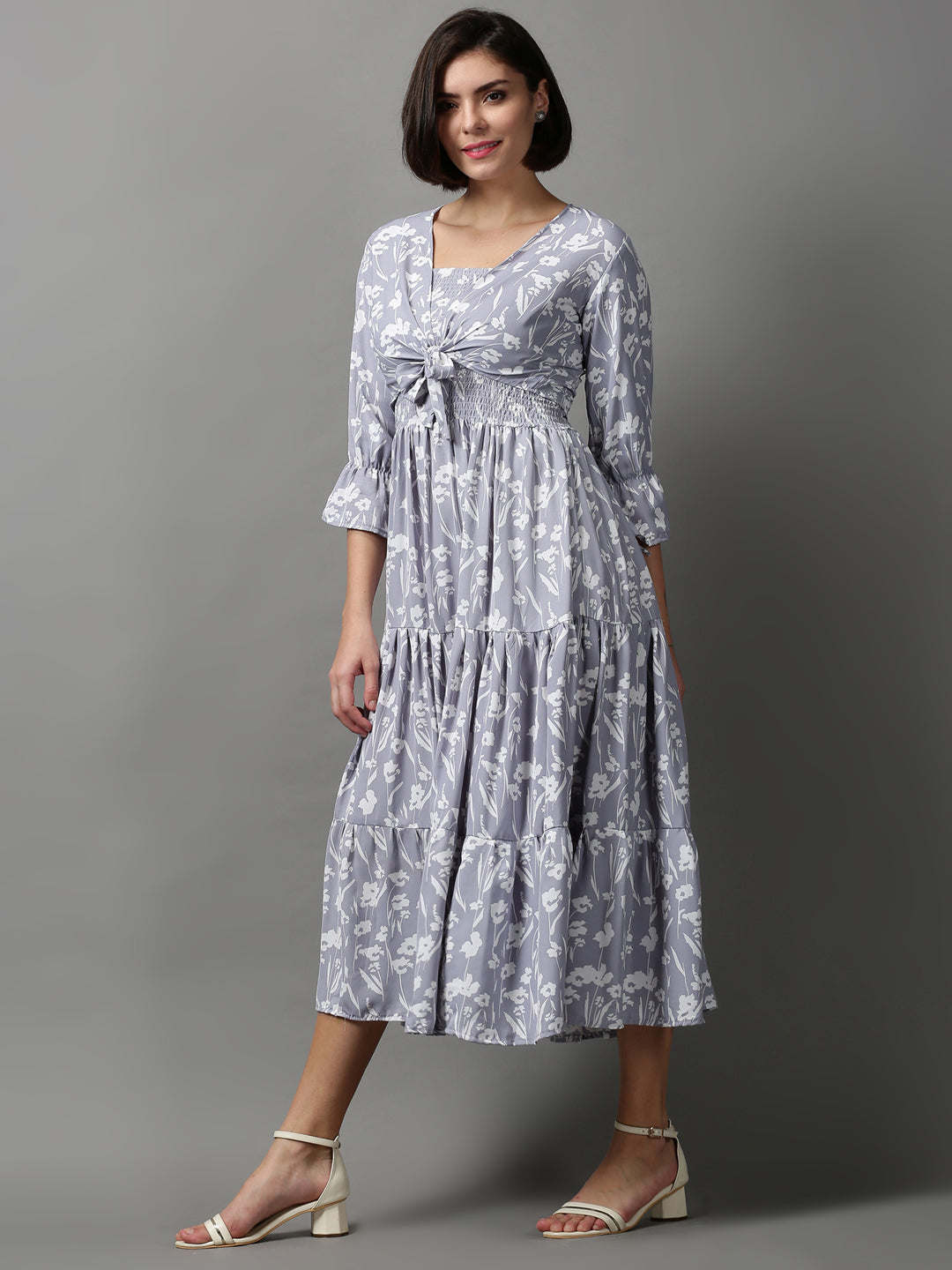 Women's Grey Floral Midi Dress